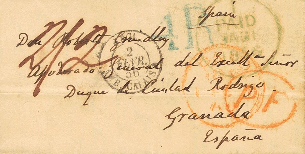 2555 Ireland. 1856. COVER. DUBLIN To GRANADA. C.d.s I / PAID, In Blue Of Origin, PAID, In Red Applied In Transit, Rate " - Andere & Zonder Classificatie