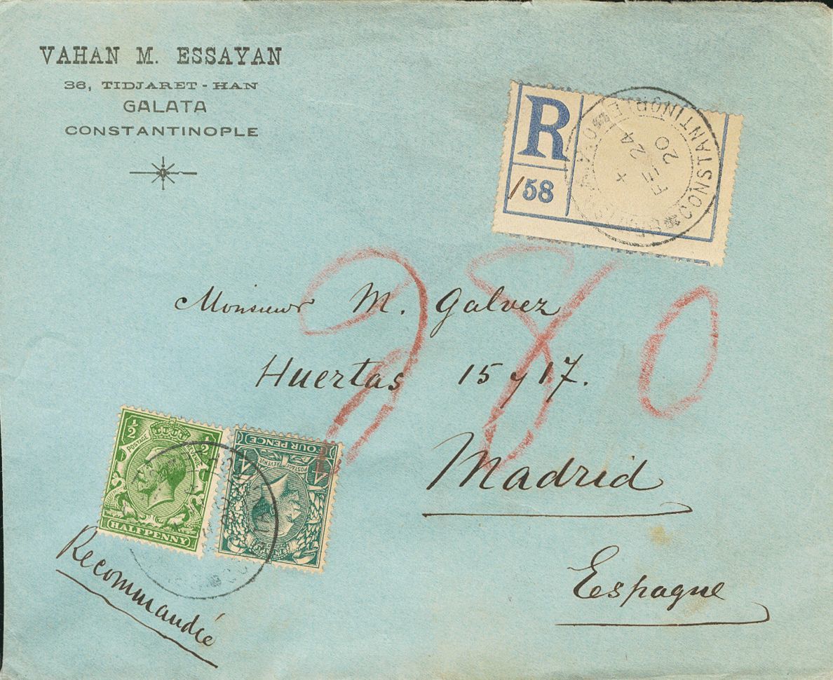2558 British Levant. 1920. COVER. Yv. 139, 145. ½ P Green And 4 P Green Blue, Both From Great Britain. Registered From C - Andere & Zonder Classificatie