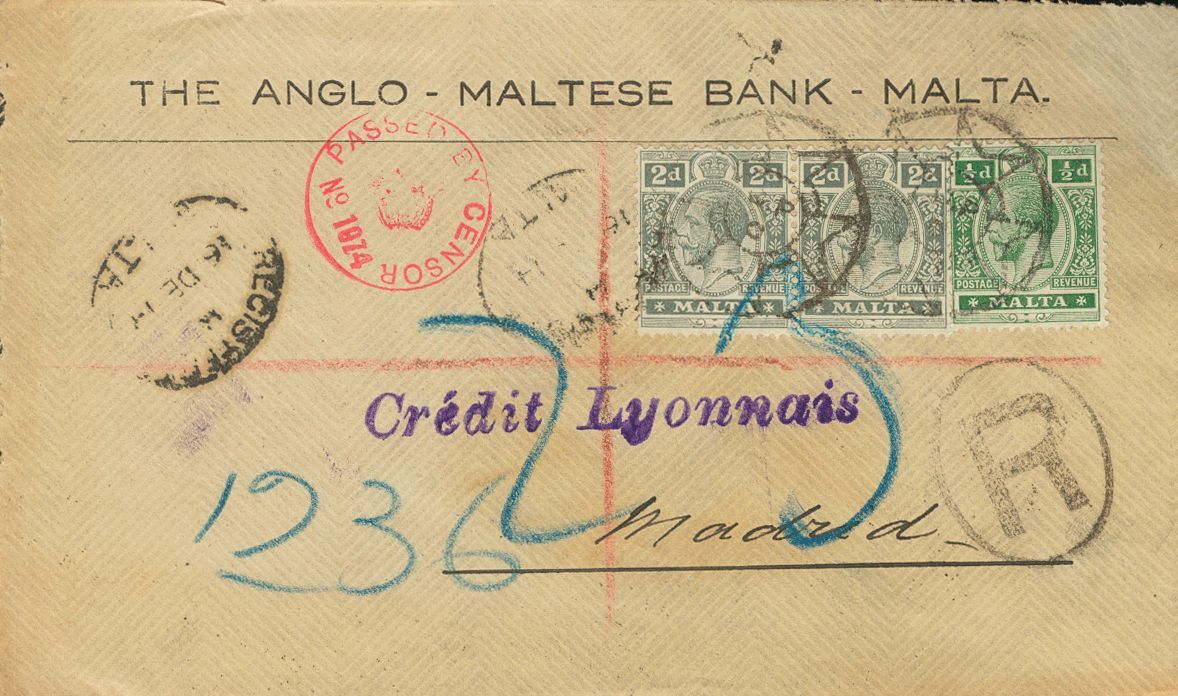 2563 Malta. 1915. COVER. Yv. 43, 45(2). ½ P Green And 2 P Gray, Two Stamps. Registered From MALTA To MADRID. On Reverse  - Malta