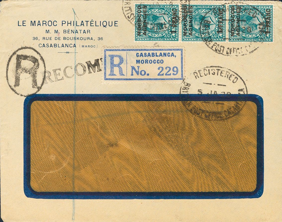 2564 British Marocco. 1928. COVER. Yv. 9(3). 1 F On 10 P Green Blue, Strip Of Three. Registered From CASABLANCA To MADRI - Andere & Zonder Classificatie