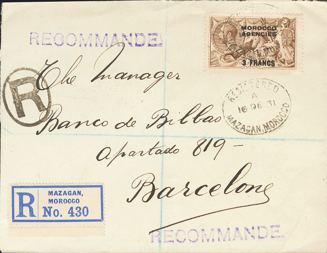 2566 British Marocco. 1931. COVER. Yv. 10. 3 F About 2/6 Sh Brown. Registered From MAZAGAN To BARCELONA. C.d.s. REGISTER - Andere & Zonder Classificatie