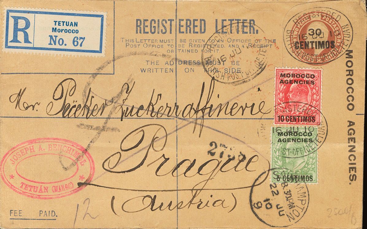 2567 British Marocco. Postal Stationery. 1910. COVER. Yv. 23, 24. 30 Cts On 2 P Chestnut On Postal Stationery Card Regis - Andere & Zonder Classificatie