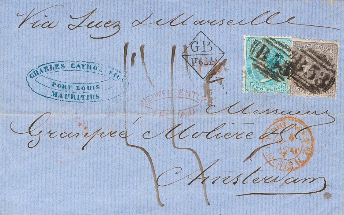2568 Mauritius. 1864. COVER. Yv. 24, 27. 2 P Blue And 6 P Violet. PORT-LOUIS To AMSTERDAM. C.D.S. NUMERAL B53, And On Th - Mauritius (1968-...)