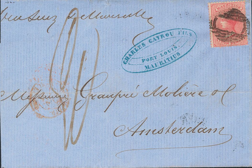 2570 Mauritius. 1860. COVER. Yv. 25. 4 P Pink. PORT-LOUIS To AMSTERDAM (NETHERLANDS). Oval Postmark Of Bars And In The F - Mauritius (1968-...)