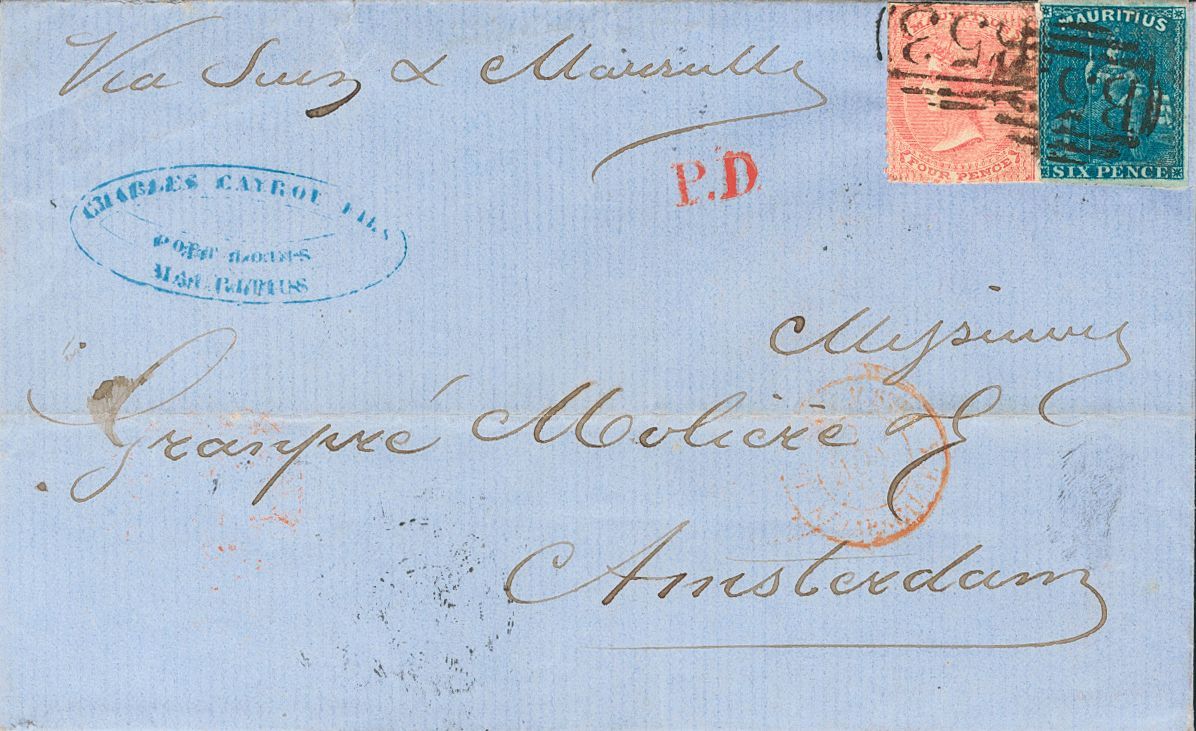 2571 Mauritius. 1861. COVER. Yv. 25, 17. 4 P Pink And 6 P Blue. PORT-LOUIS To AMSTERDAM (NETHERLANDS). Numeral Postmark  - Mauritius (1968-...)