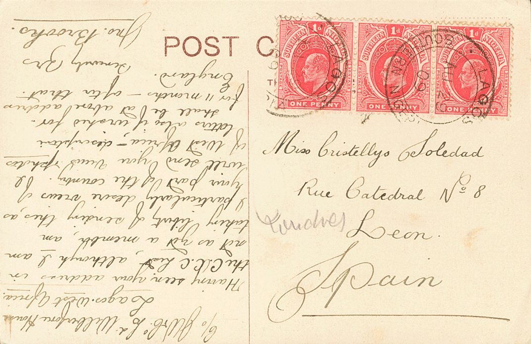 2574 Southern Nigeria. 1909. COVER. Yv. 33a(3). 1 P Pink (Type II), Three Stamps. Postcard From LAGOS To LEON. Postmark  - Andere & Zonder Classificatie