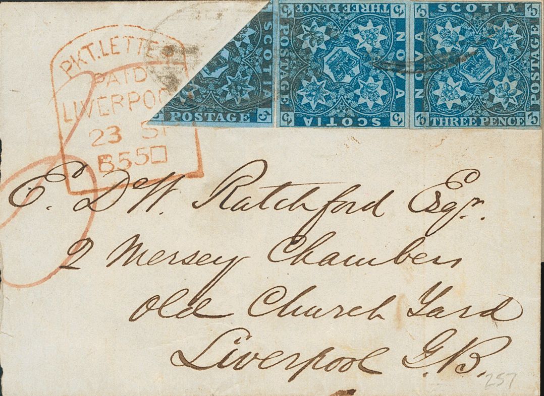 2575 New Scotland. 1851. COVER. Yv. 2(2), 2a. 3 P Blue On Bluish, Three Stamps, One Bisected (slight File Fold On One St - Andere & Zonder Classificatie