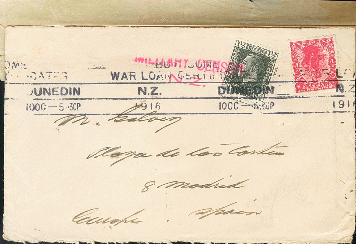 2578 New Zealand. 1916. COVER. Yv. 148, 136. 1 ½ P Black And 1 P Carmine. DUNEDIN To MADRID (adressed To Miguel Gálvez). - Andere & Zonder Classificatie