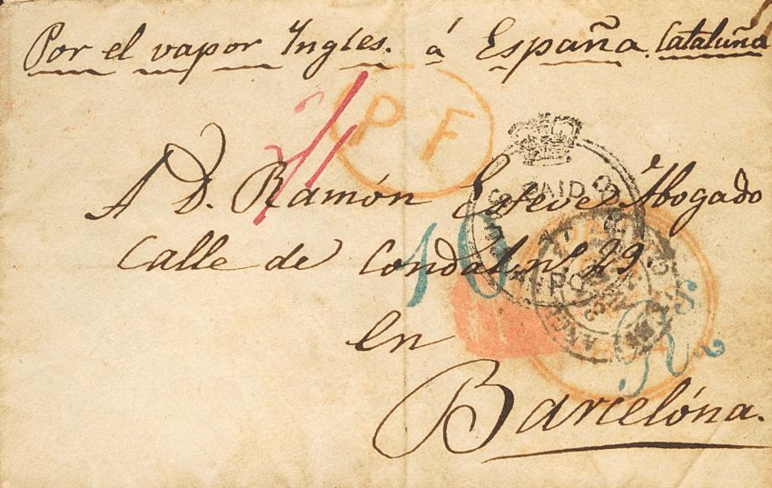 2582 Puerto Rico. Agencia Postal Británica. 1854. SOBRE. SAN JUAN A BARCELONA. Marca PAID / AT / SAN JUAN-PORTO RICO, En - Puerto Rico