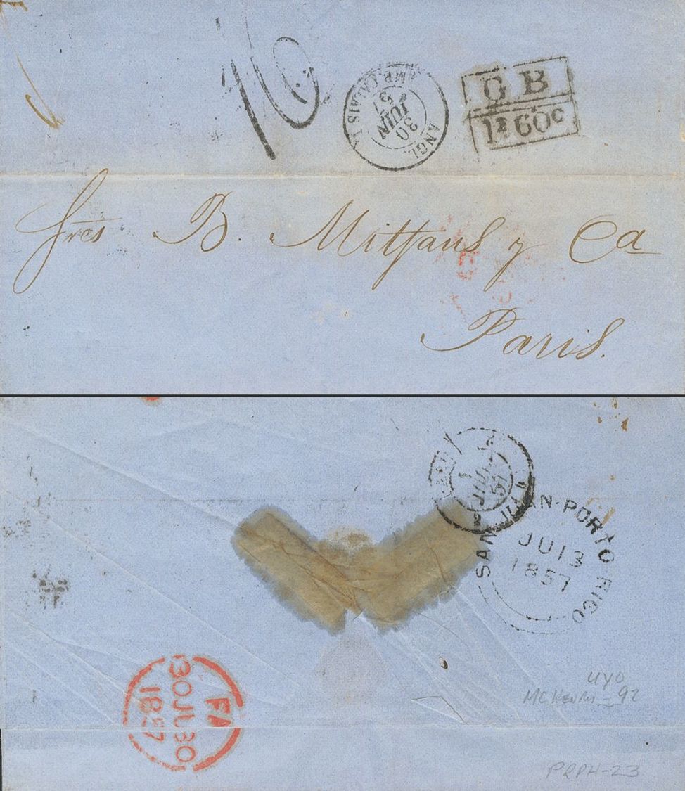 2583 Puerto Rico. Agencia Postal Británica. 1857. SOBRE. SAN JUAN A PARIS (FRANCIA). Marca De Intercambio Franco-Británi - Puerto Rico