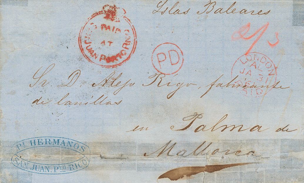 2585 Puerto Rico. Agencia Postal Británica. 1861. SOBRE. SAN JUAN A PALMA DE MALLORCA (presenta Ciertas Erosiones En La  - Puerto Rico