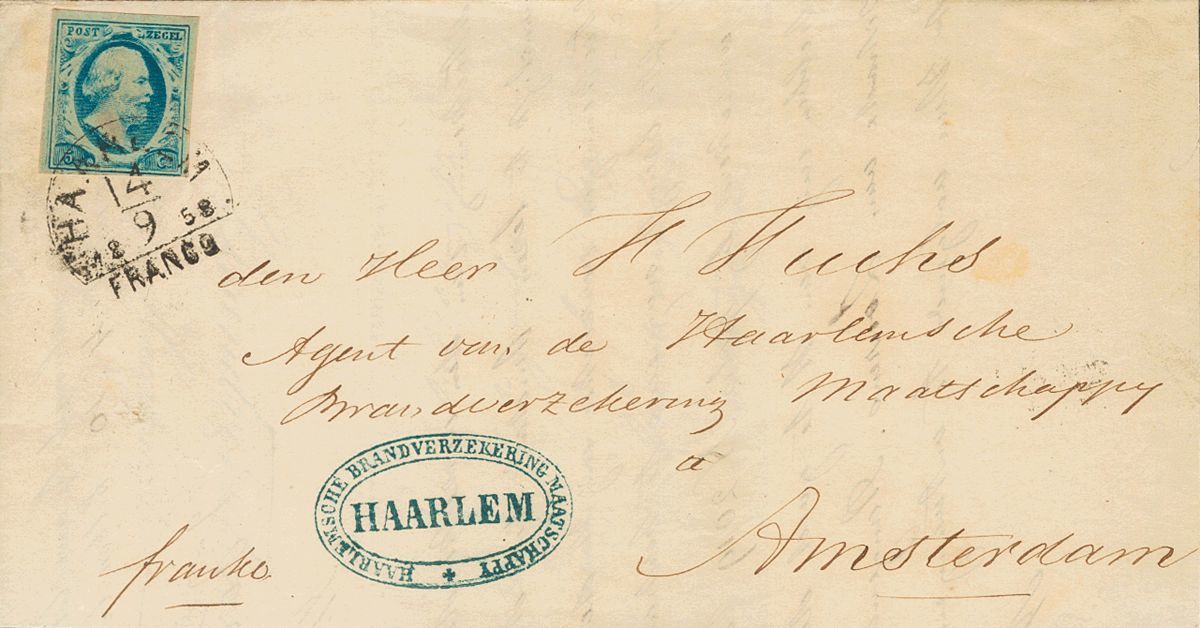 2600 Netherlands. 1858. COVER. Yv. 1. 5 Cts Blue. HAARLEM To AMSTERDAM. Postmark HAARLEM / FRANCO. VERY FINE. - Andere & Zonder Classificatie