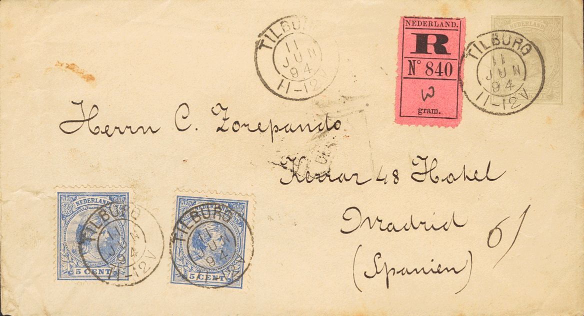 2602 Netherlands. 1894. COVER. Yv. 35(2). 12 ½ Cts Gray On Postal Stationery Registered From TILBURG To MADRID, With Com - Andere & Zonder Classificatie