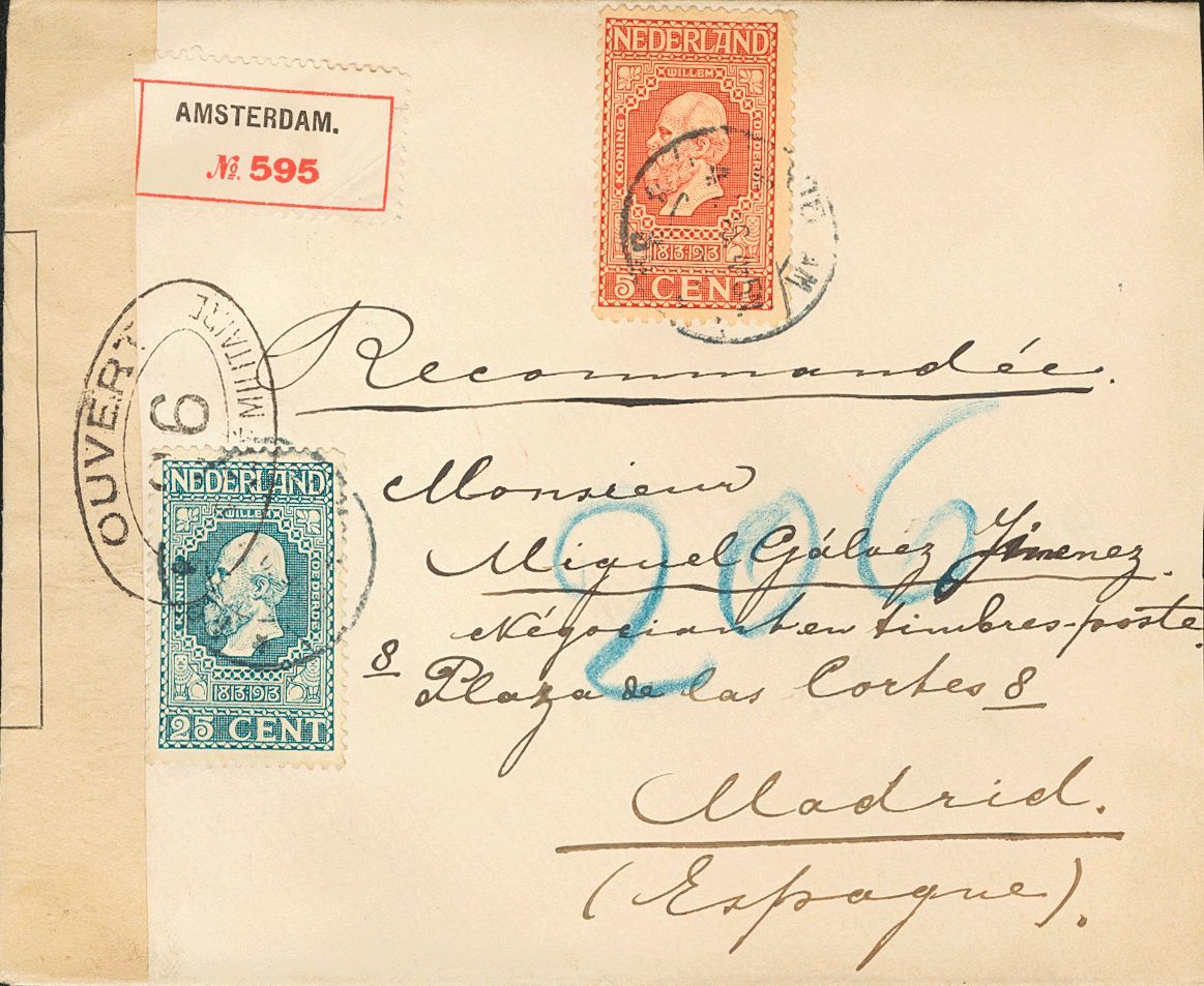 2605 Netherlands. 1916. COVER. Yv. 84, 88. 5 Cts Red And 25 Cts Blue Gray. Registered From AMSTERDAM To MADRID. On Rever - Andere & Zonder Classificatie