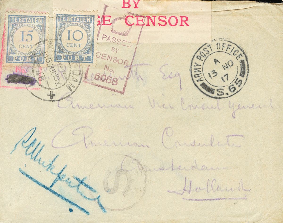 2607 Netherlands. Postage Due. 1917. COVER. Yv. 55, 57. Addressed To AMSTERDAM, Sent From A British Military Unit In The - Andere & Zonder Classificatie