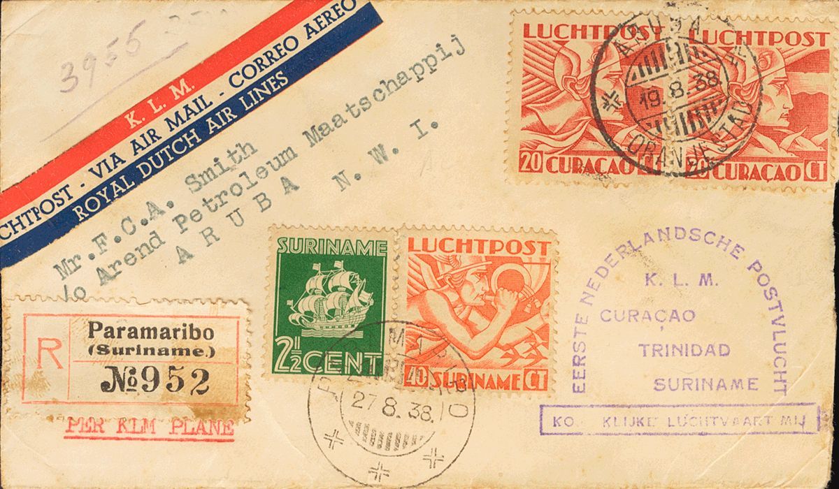 2608 Curacao. Airmail. 1938. COVER. Yv. 6(2). 20 Cts Red, Two Stamps And Suriname Stamps Of 2 ½ Cts Green And 40 Cts Ora - Curaçao, Nederlandse Antillen, Aruba