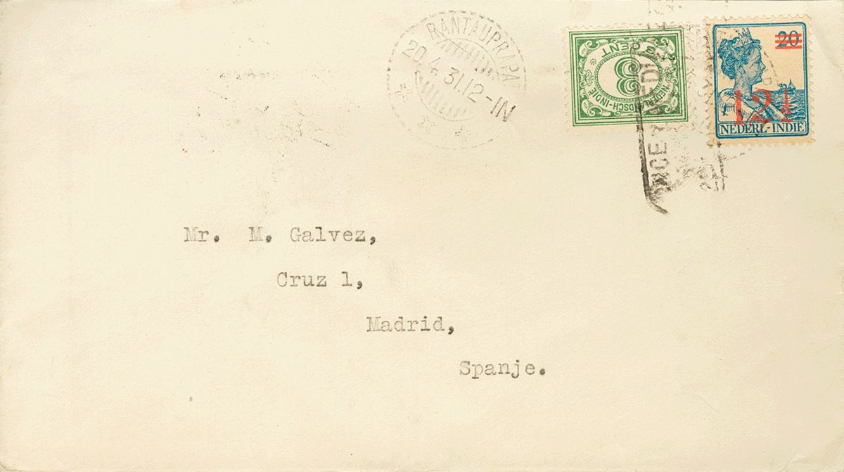 2612 Dutch India. 1931. COVER. Yv. 151, 160. 3 Cts Green And 12 ½ Cts Over 20 Cts Blue. RANTAU PRAPAT To MADRID. Spanish - Nederlands-Indië