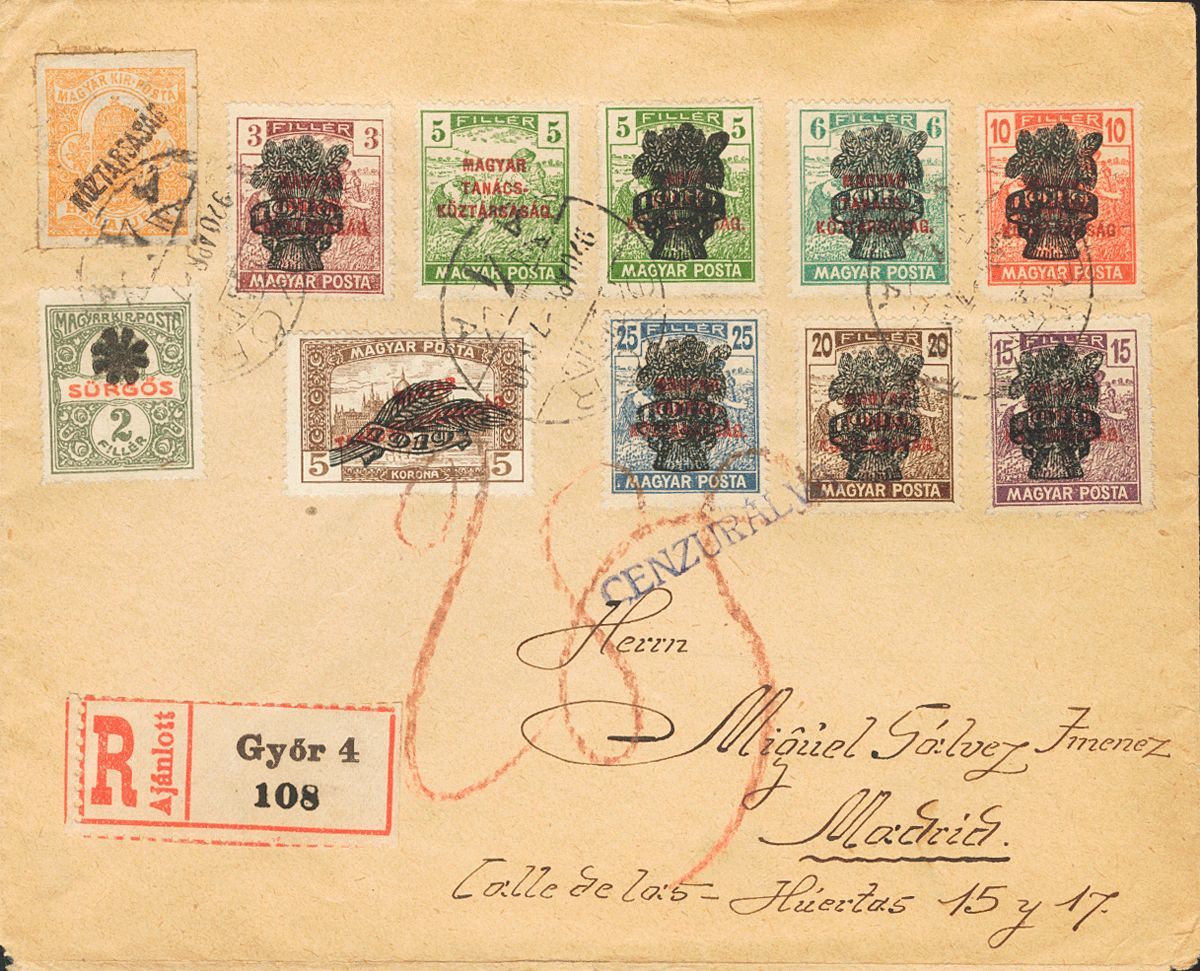 2614 Hungary. 1920. COVER. Yv. 265, 267/72, 282. Different Values (including Two Of Newspapers). Registered From GYOR To - Andere & Zonder Classificatie
