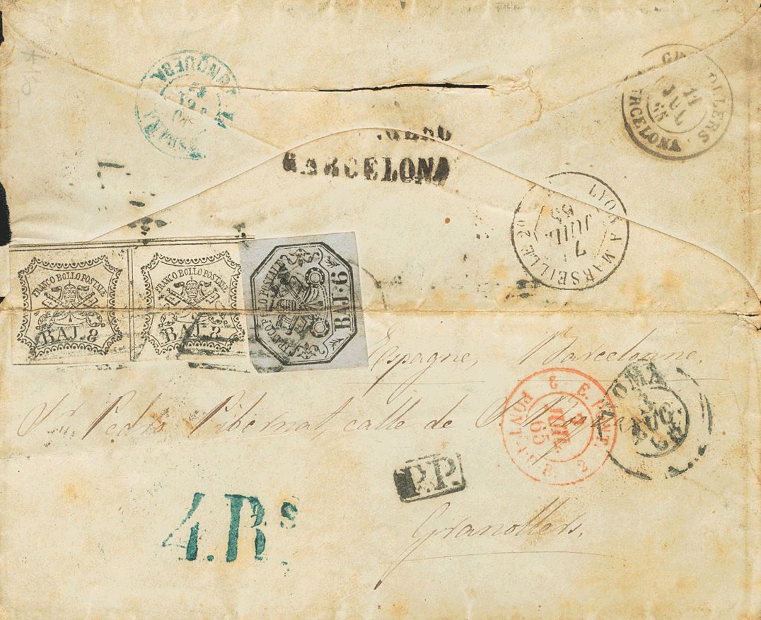 2622 Papal States. 1865. COVER. Yv. 7a, 9. 6 B Violet Gray And 8 B White (horizontal Fold That Affects The Stamps). ROME - Kerkelijke Staten