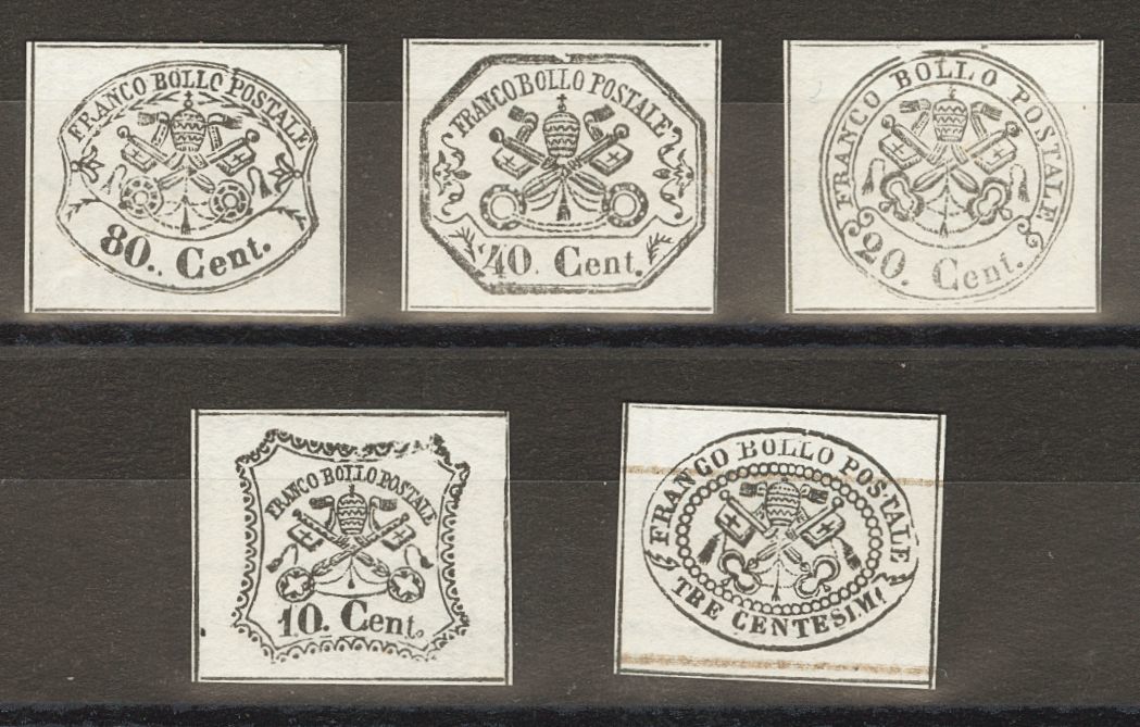 2623 Papal States. 1889. Yv. (*) 20, 22/25. 3 Cts, 10 Cts, 20 Cts, 40 Cts And 80 Cts, In Black On White. MOENS REPRINTS, - Kerkelijke Staten