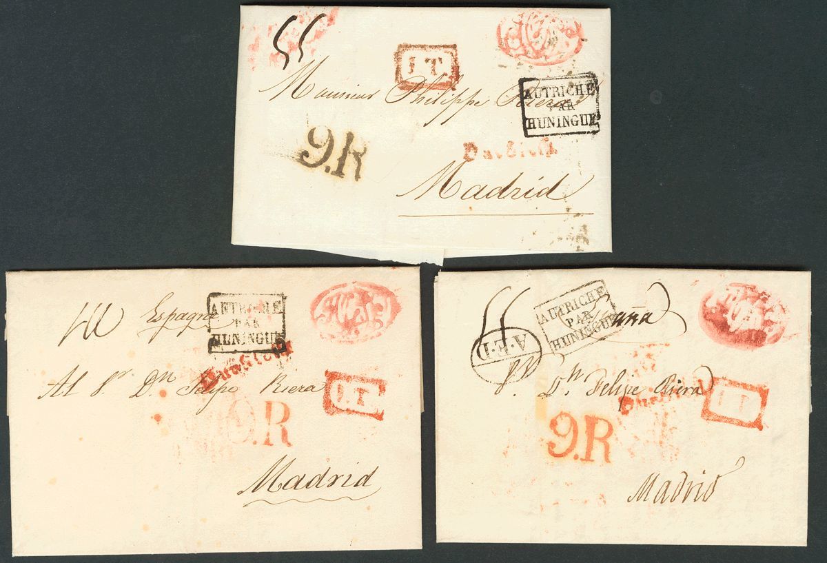 2627 Naples. 1828. COVER. Set Of Three Covers From NAPOLES To MADRID, With The Origin Postmark In Carmine Red, Postmark  - Napels