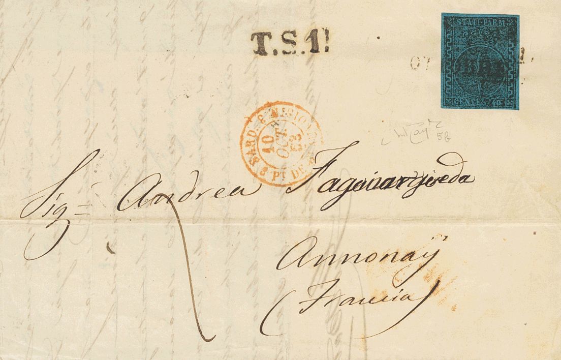 2628 . 1853. COVER. Yv. 5. 40 Cts Blue, Variety A LARGE EMBOSSED. PARMA To ANNONAY (FRANCE). Two-line Date Postmark And  - Autres & Non Classés