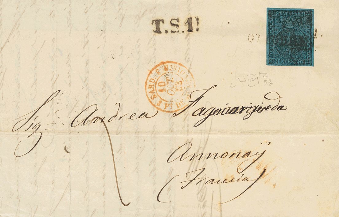 2628 . 1853. COVER. Yv. 5. 40 Cts Blue, Variety A LARGE EMBOSSED. PARMA To ANNONAY (FRANCE). Two-line Date Postmark And  - Andere & Zonder Classificatie