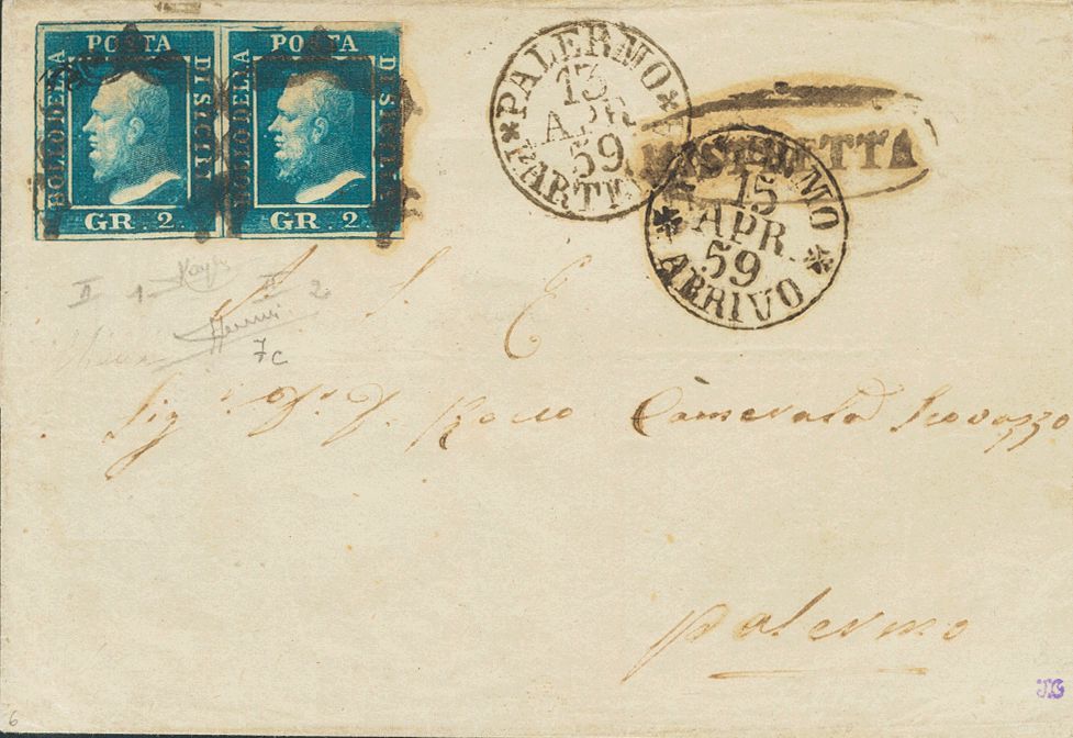 2632 Sicily. 1859. COVER. Yv. 20b(2). 2 Gr Dark Cobalt Blue, Pair (Plate II). MISTRETA To PALERMO. Horsesoe Postmark And - Sicilië