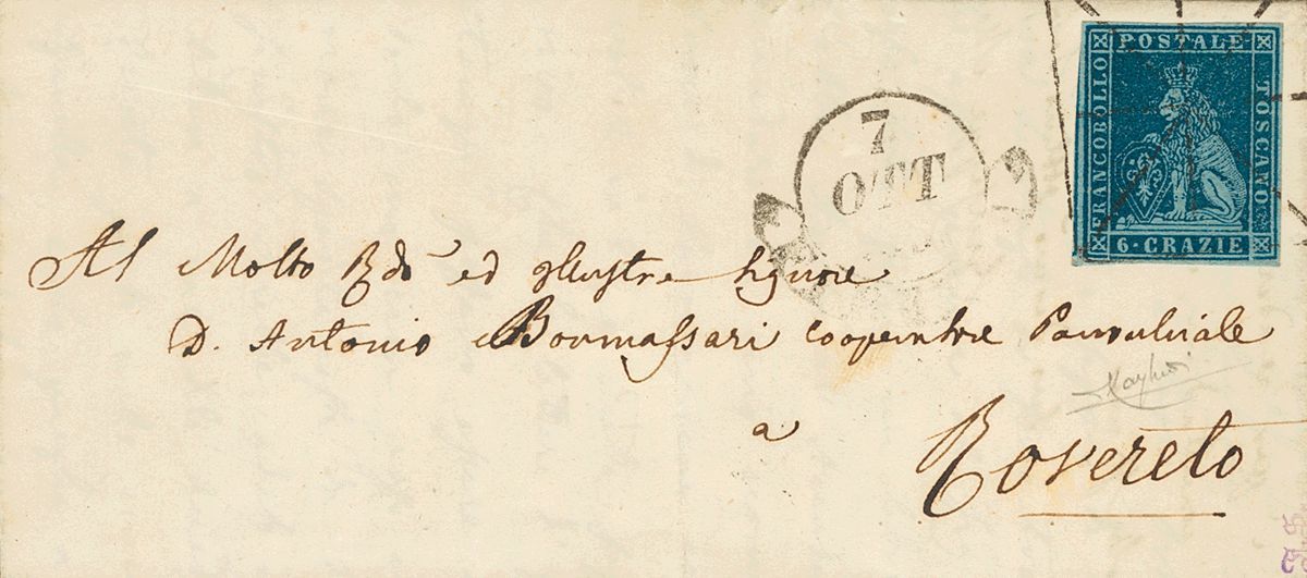 2636 Tuscany. 1851. COVER. Yv. 7. 6 Dark Blue Crazie Over Bluish. FLORENCE To ROVERETO. Mute SPIDER Postmark (rectangula - Andere & Zonder Classificatie