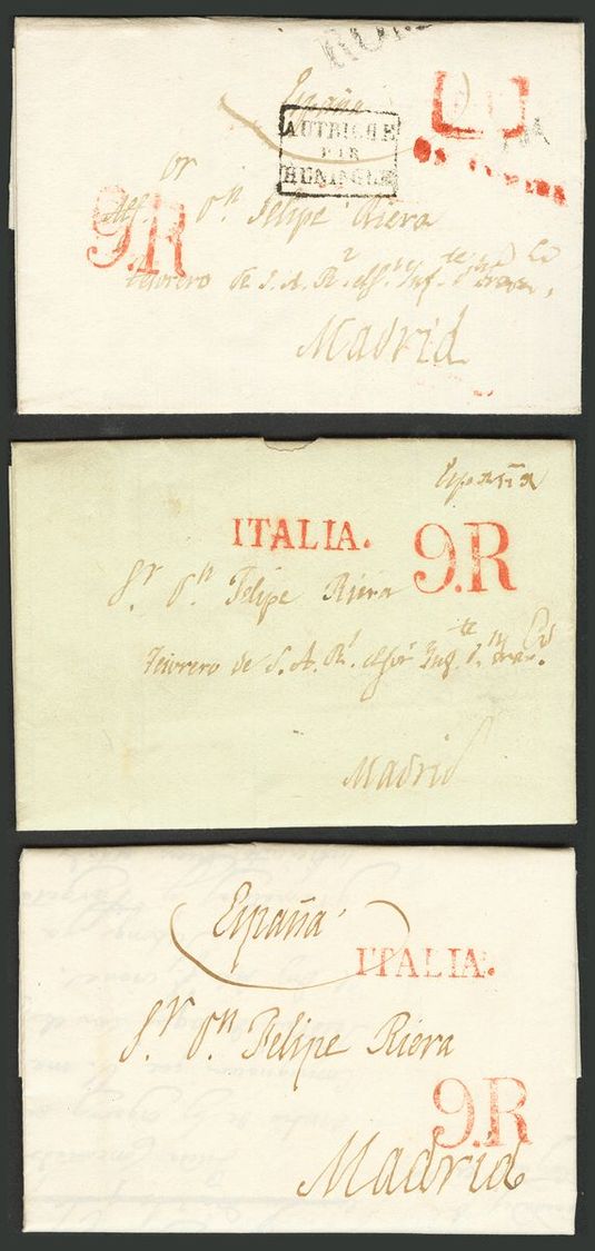 2641 Italy. Prephilately. 1828. COVER. Set Of Three Letters From ROME To MADRID, One With ROMA Linear Postmark, In Black - Zonder Classificatie