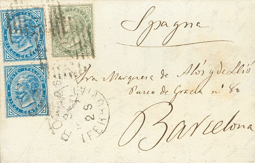 2642 Italy. 1879. COVER. Yv. 14, 16(2). 5 Cts Gray Green And 10 Cts Blue, Two Stamps. ROME To BARCELONA. VERY FINE. (Sas - Zonder Classificatie