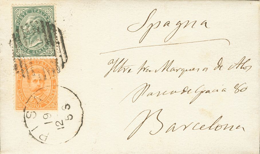 2645 Italy. 1879. COVER. 5 Cts Green Gray And 20 Cts Orange. PISA To BARCELONA. VERY FINE. (Sassone T16, 39) - Zonder Classificatie