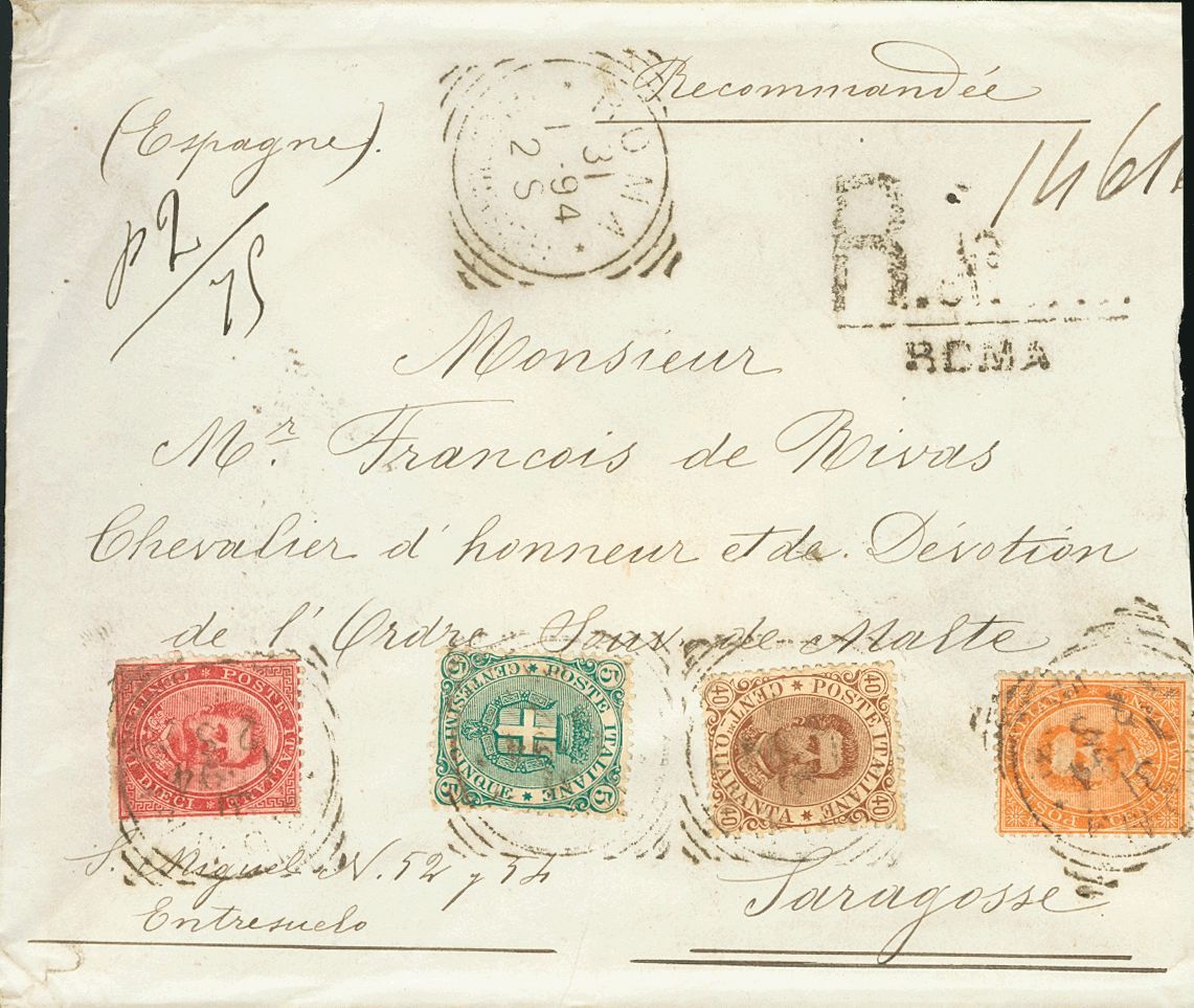 2647 Italy. 1894. COVER. Yv. 34, 35, 40, 41. 10 Cts Carmine, 20 Cts Orange, 5 Cts Green And 40 Cts Chestnut. Registered  - Zonder Classificatie