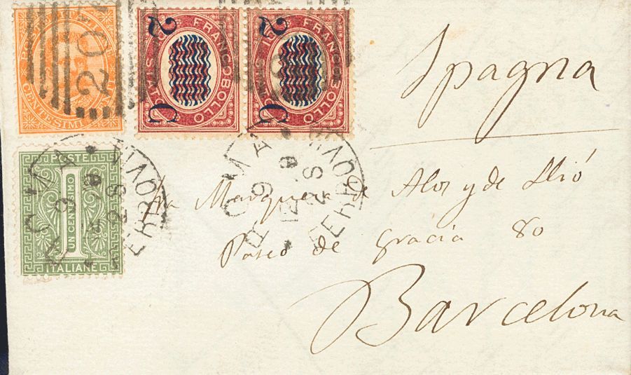 2648 Italy. 1879. COVER. Yv. 35, 14, 31(2). 2 Cts On 5 L Carmine, Two Stamps, 1 Cts Green And 20 Cts Orange. ROME To BAR - Zonder Classificatie