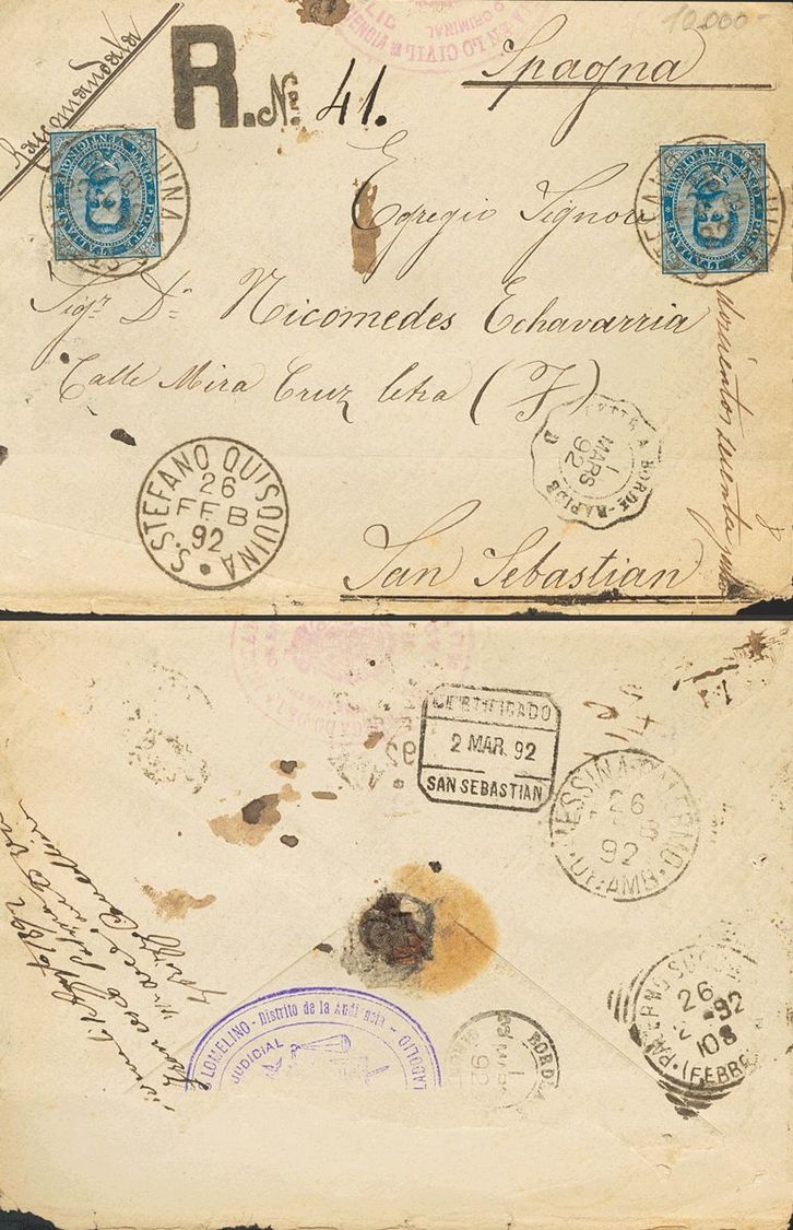 2649 Italy. 1892. COVER. Yv. 36(2). 25 Cts Dark Blue, Two Stamps. Registered From SAN STEFANO QUISQUINA To SAN SEBASTIAN - Zonder Classificatie