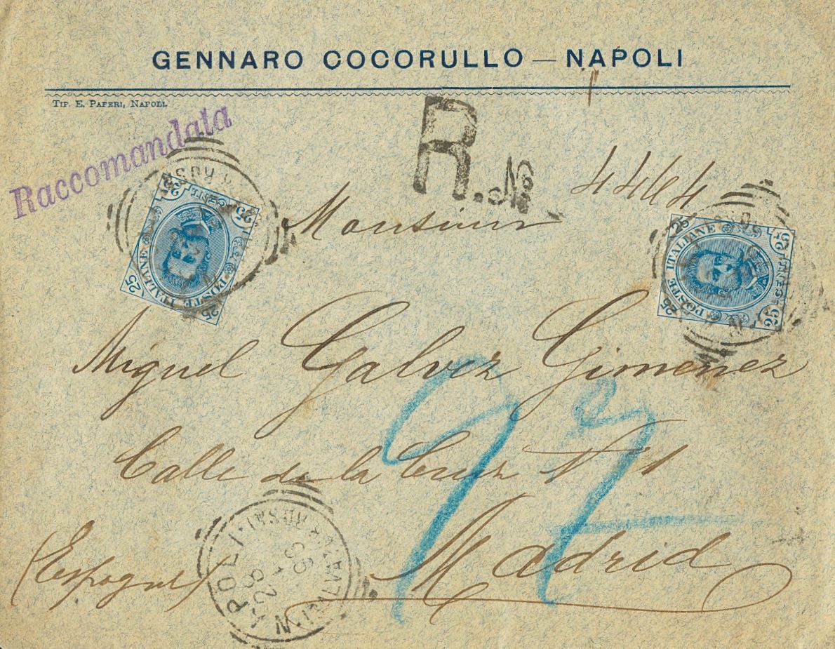 2650 Italy. 1896. COVER. Yv. 61(2). 25 Cts Blue, Two Stamps. Registered From NAPOLES To MADRID. VERY FINE. (Sassone 62) - Zonder Classificatie