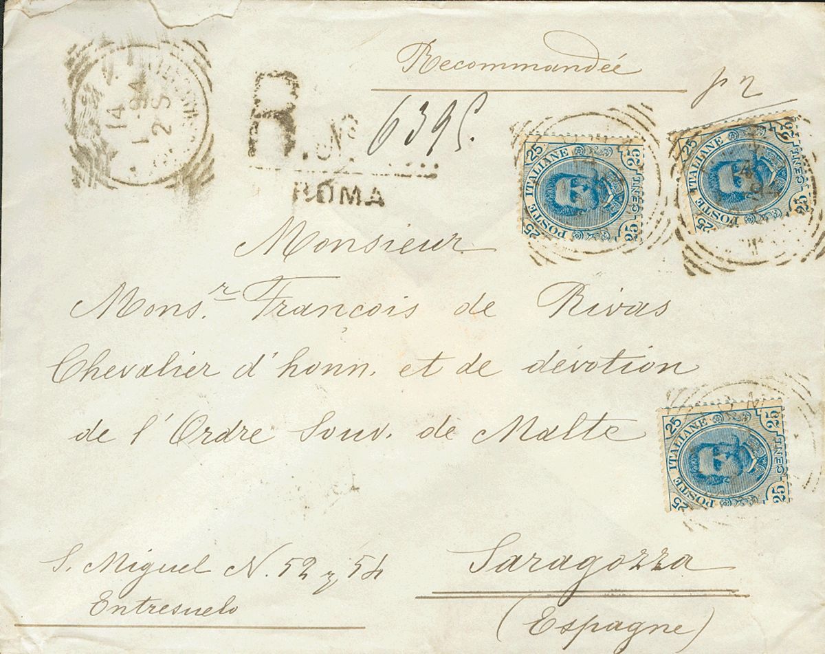 2651 Italy. 1894. COVER. Yv. 61(3). 25 Blue Cts, Three Stamps. Registered From ROME To ZARAGOZA. On The Back Arrival. VE - Zonder Classificatie