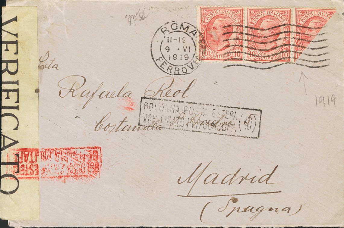 2652 Italy. 1919. COVER. Yv. 77(3). 10 Cts Pink, Strip Of Three, One Stamp BISECTED. ROME To MADRID. On The Back Vignett - Zonder Classificatie