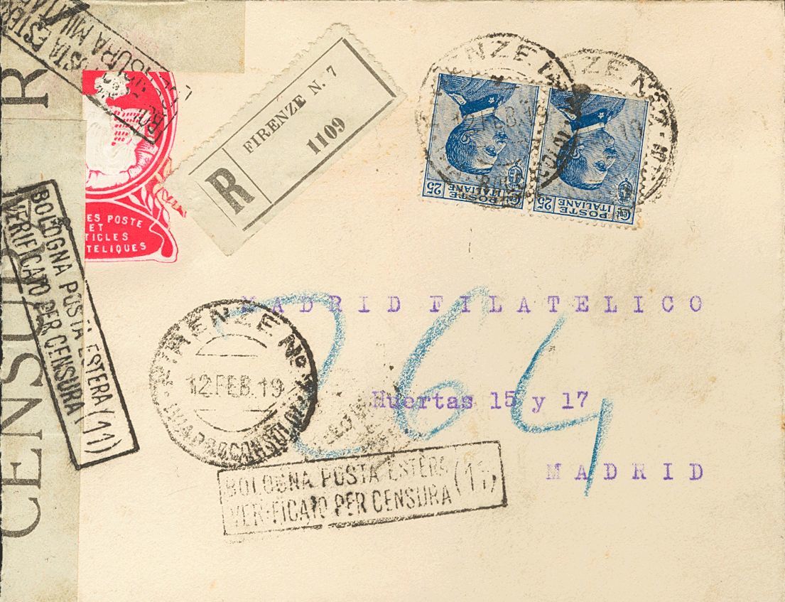 2653 Italy. 1919. COVER. Yv. 79(2). 25 Blue Cts, Two Stamps And Philatelic Advertising Label. Registered From FLORENCIA  - Zonder Classificatie