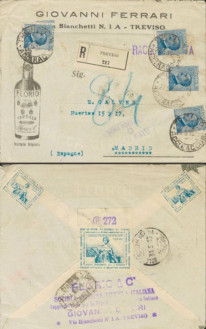 2654 Italy. 1919. COVER. Yv. 79(4). 25 Blue Cts, Four Stamps And Vignettes CIRCOLO FILATELICO ITALIANO TORINO On The Bac - Zonder Classificatie