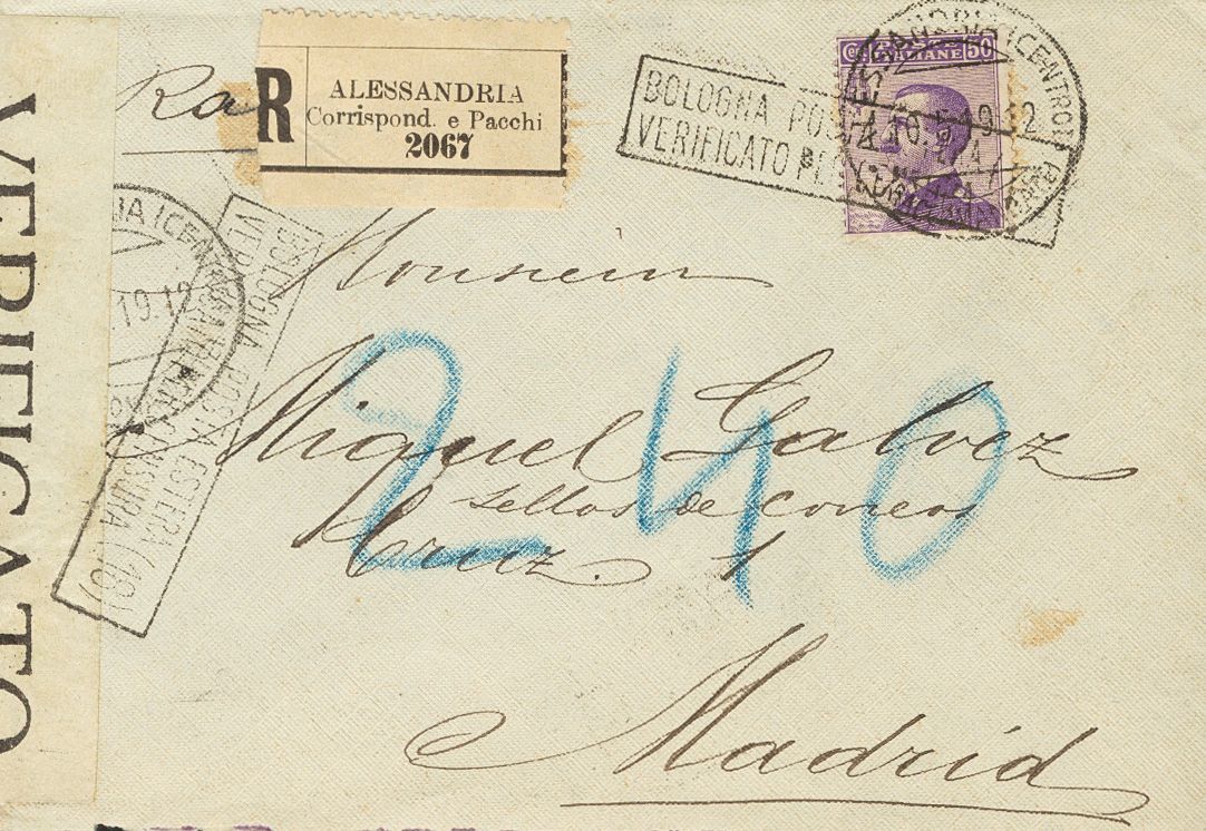 2661 Italian Levant. 1912. COVER. 50 Cts Violet From Italy. Registered From ALEJANDRIA To MADRID (addressed To The Famou - Andere & Zonder Classificatie