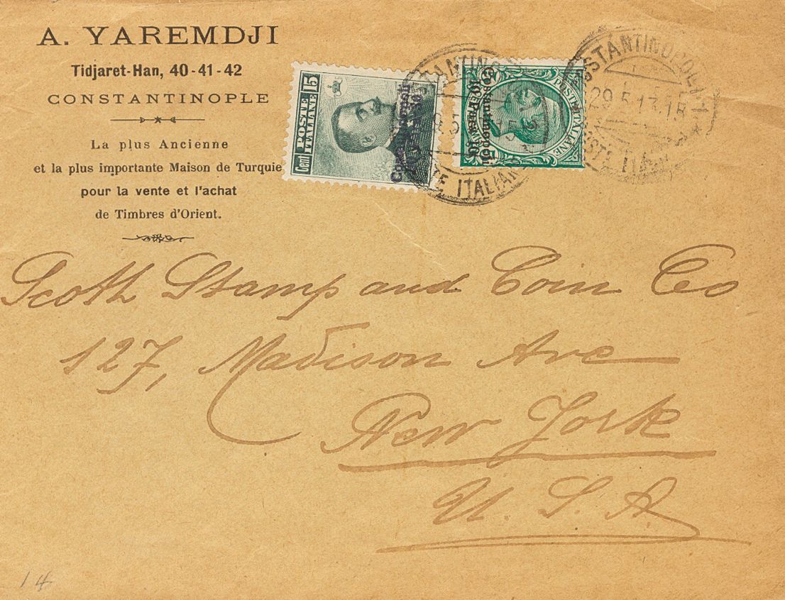 2662 Italian Levant. 1913. COVER. Yv. 51, 53. 10 Para On 5 Green Cts And 30 Para On 15 P Gray Black. CONSTANTINOPLA To N - Andere & Zonder Classificatie