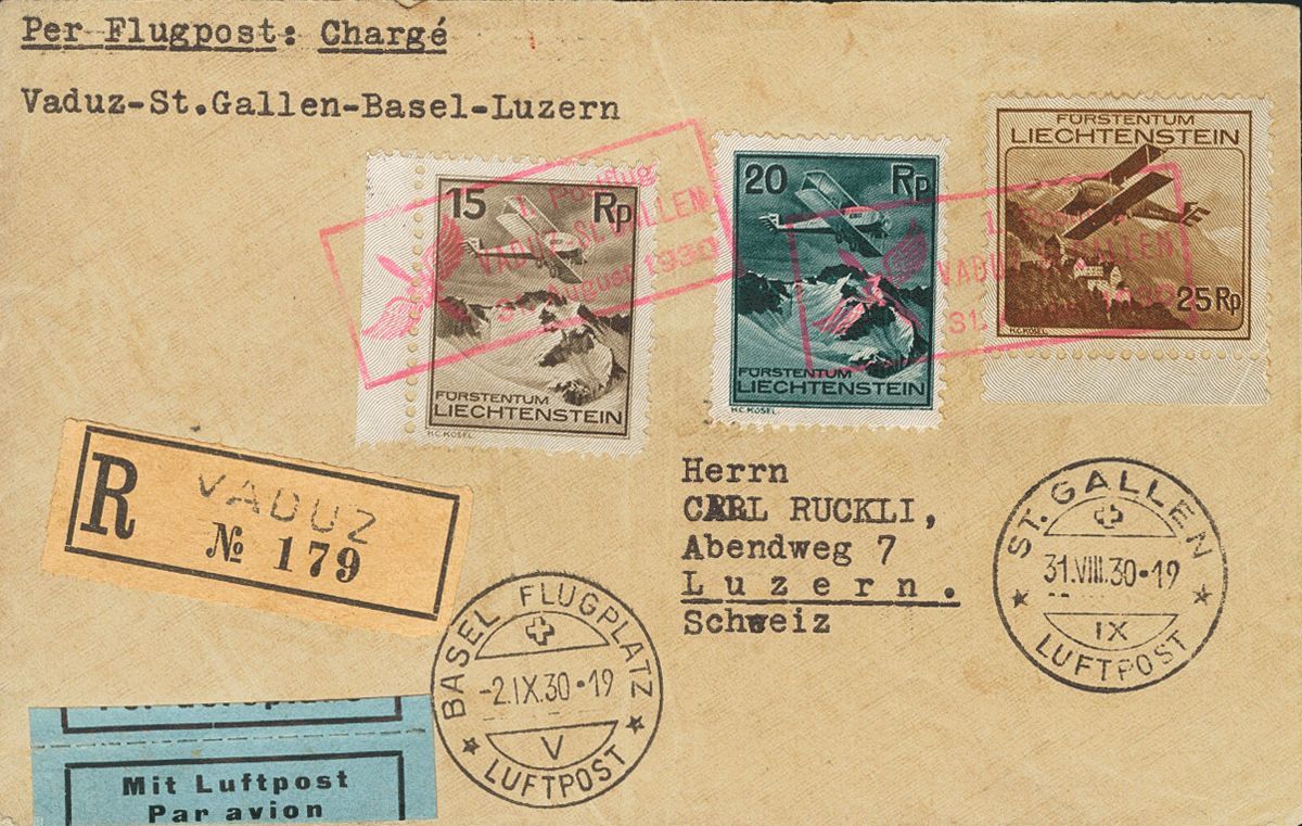 2677 Liechtenstein. Airmail. 1930. COVER. Yv. 1/3. 15 Rp Chestnut, 20 Rp Green Black And 25 Rp Chestnut. Registered Airm - Andere & Zonder Classificatie