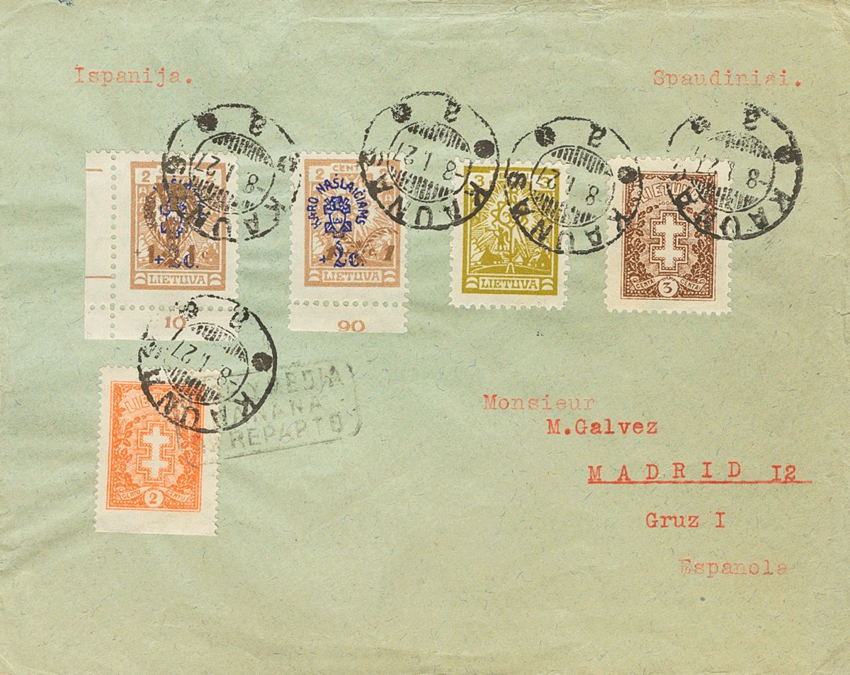 2680 Lithuania. 1927. COVER. Yv. 263, 264, 202, 237, 250. 2 Cts Orange, 3 Cts Chestnut And Various Values. KAUNAS To MAD - Litouwen