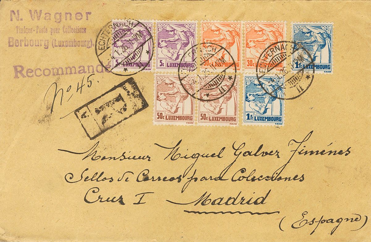 2682 Luxembourg. 1926. COVER. Yv. 160/63(2). Two Complete Sets Registered From BERBOURG To MADRID (addressed To Miguel G - Andere & Zonder Classificatie