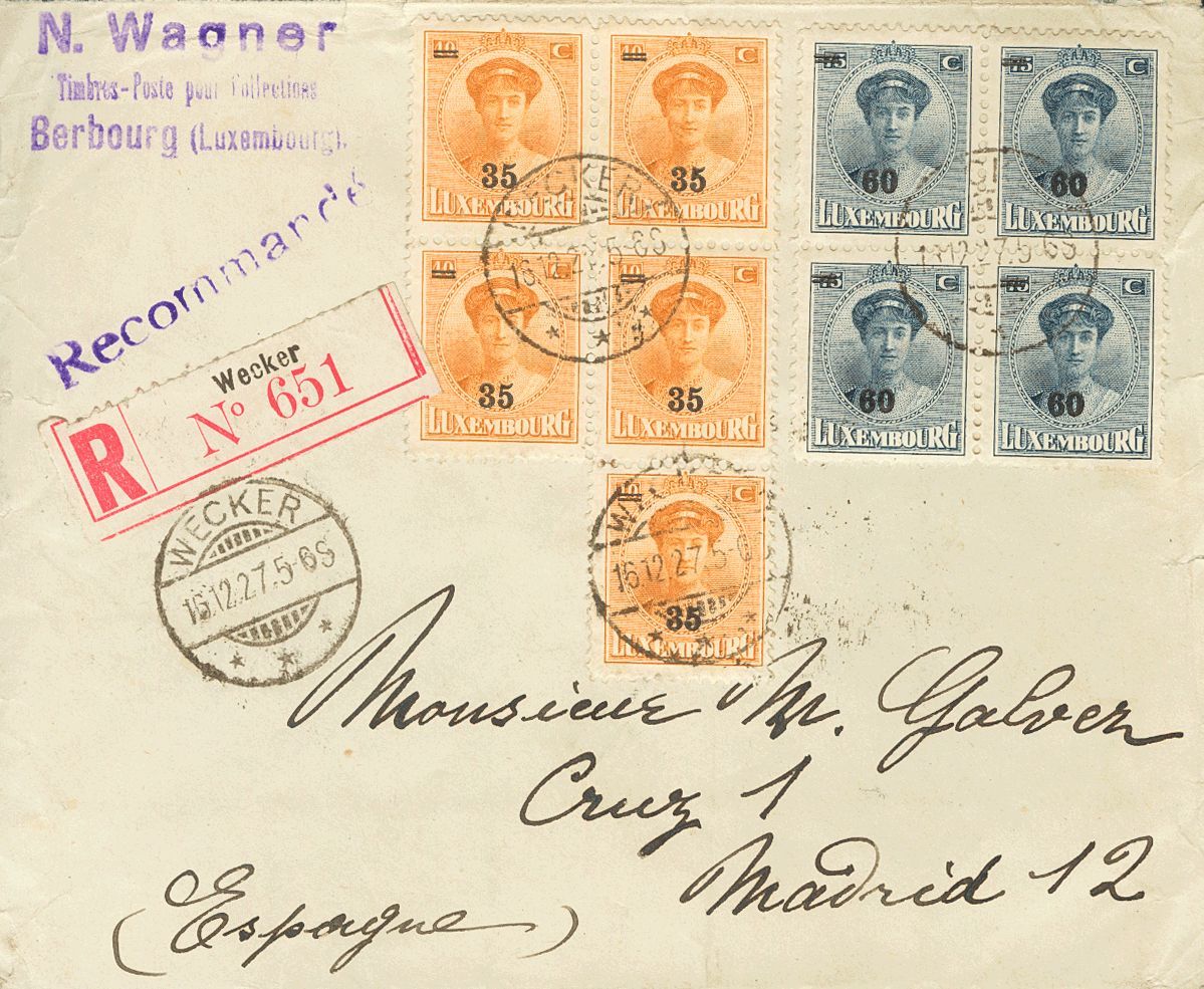 2683 Luxembourg. 1927. COVER. Yv. 197(5), 199(5). 35 Cts On 40 Orange Cts, Five Stamps And 60 Cts On 75 Blue Cts, Four S - Andere & Zonder Classificatie