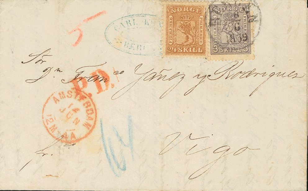 2686 Norway. 1859. COVER. Yv. 10, 13. 24 S Light Brown And 3 S Gray Violet. BERGEN To VIGO. C.d.s. BERGEN And On The Fro - Andere & Zonder Classificatie