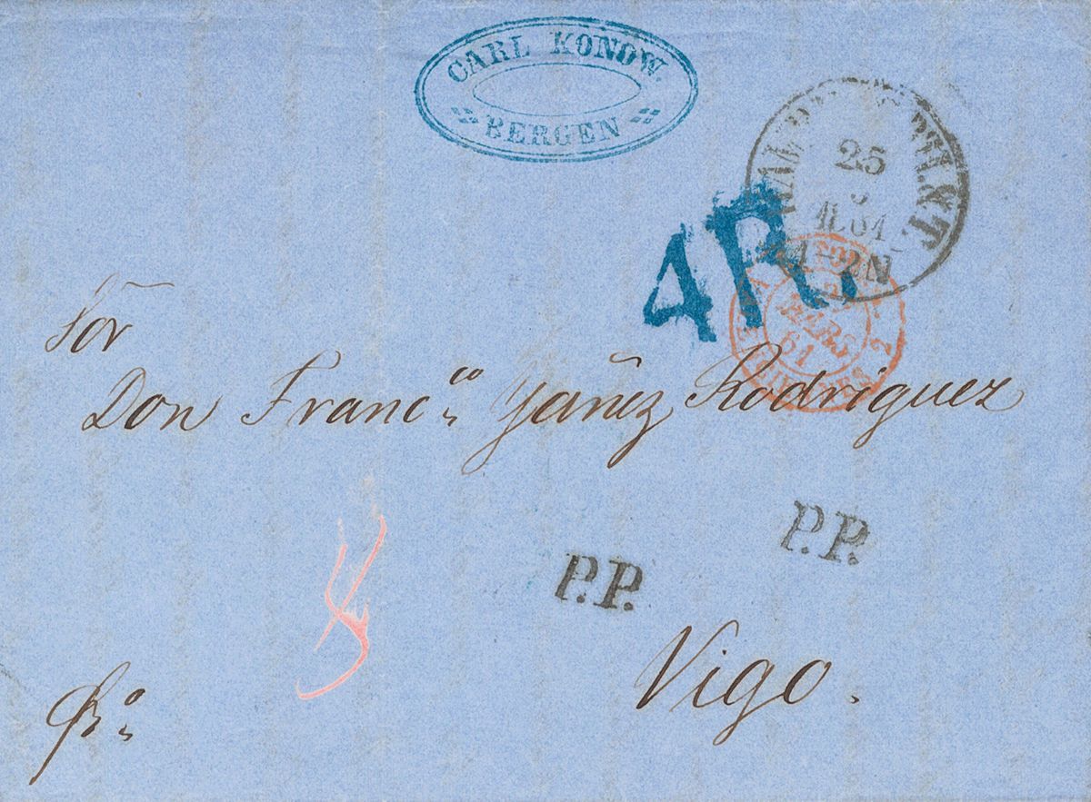 2687 Norway. 1861. COVER. BERGEN To VIGO (SPAIN), Addresed Via France. Spanish Rate "4 R" (reales), In Blue. VERY FINE A - Andere & Zonder Classificatie