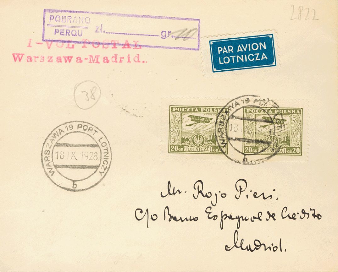 2688 Poland. 1928. COVER. Yv. 7(2). 20 G Olive,two Stamps. Airmail From WARSAW To MADRID. On The Front Postmark I VOL PO - Andere & Zonder Classificatie