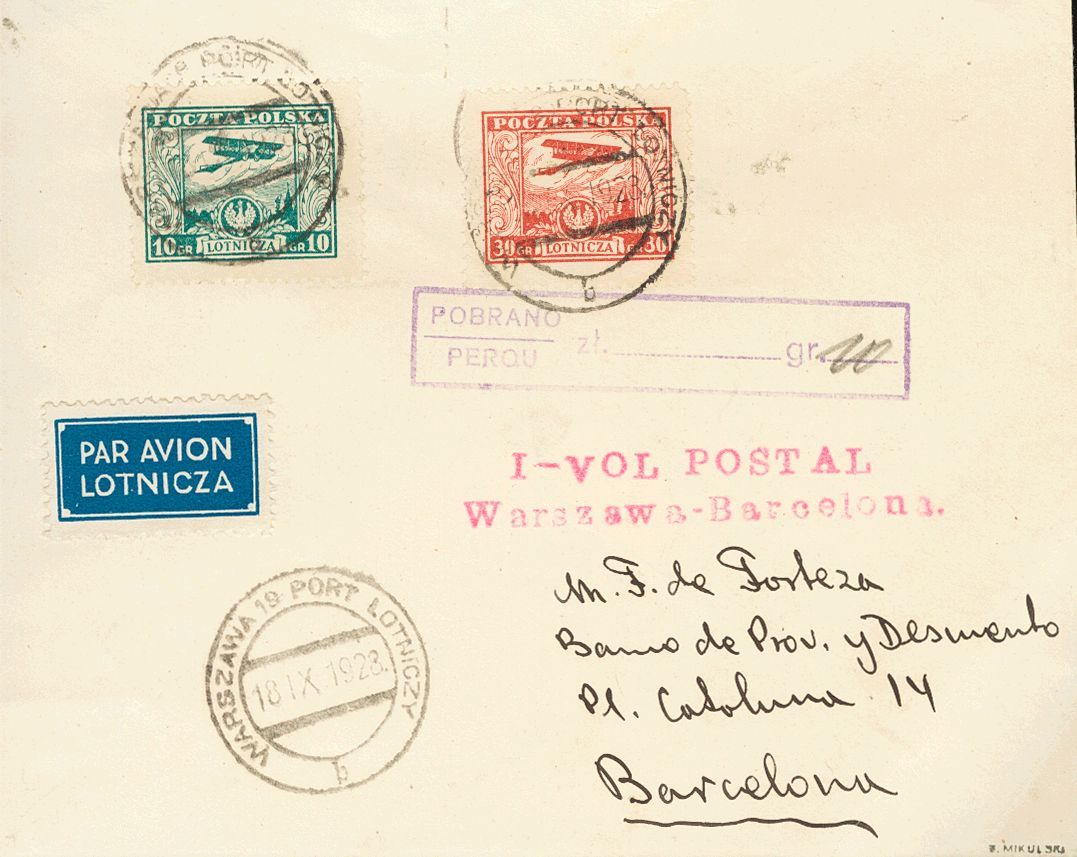 2691 Poland. Airmail. 1928. COVER. Yv. 5, 8. 10 G Green And 30 G Carmine. Airmail From WARSAW To BARCELONA. On The Front - Andere & Zonder Classificatie